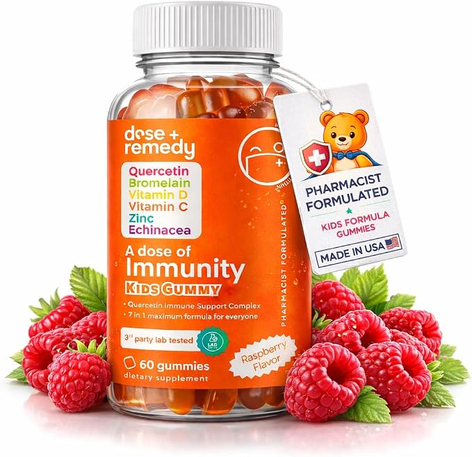 A Dose of Immunity Kids Quercetin with Vitamin C, Zinc, Vitamin D, 100mg Quercetin Bromelain, Echinacea, 60 Gummy Count (Pack of 1)