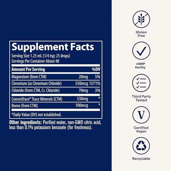 Trace Minerals Ionic Chromium - Liquid Chromium Drops for Metabolism, Muscle & Energy Support - Boron, Chloride & ConcenTrace - Natural & Bioavailable - Vegan & Gluten-Free - 2 fl oz (48 Servings)