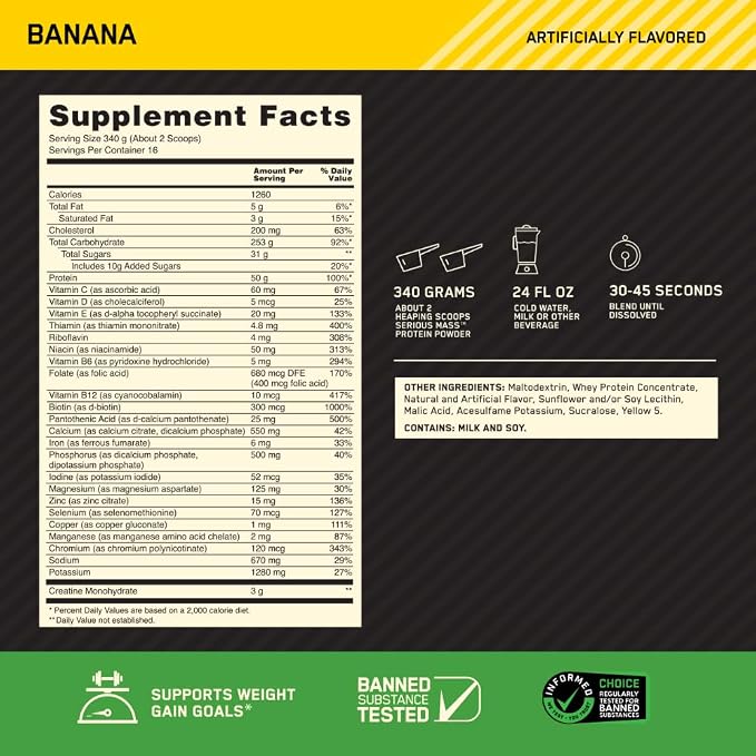 Optimum Nutrition Serious Mass, Weight Gainer Protein Powder, Mass Gainer, Vitamin C and Zinc for Immune Support, Creatine, Banana, 12 Pound (Packaging May Vary)