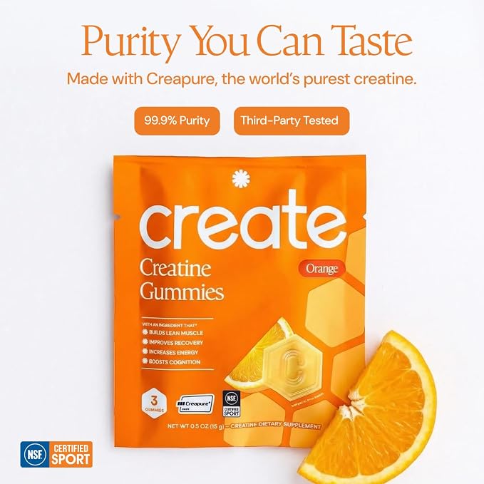 Create Creatine Gummies – Single-Serve Packs – 30ct – Orange | NSF Certified for Sport – Made with Creatine Monohydrate, Vegan & Gluten-Free, Anti-Melting Formula, 3 Gummies per Pack