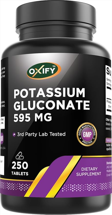 Oxify Potassium Gluconate 595 mg | 250 Tablets | Gluten-Free, Non-GMO | Supplement Made in USA