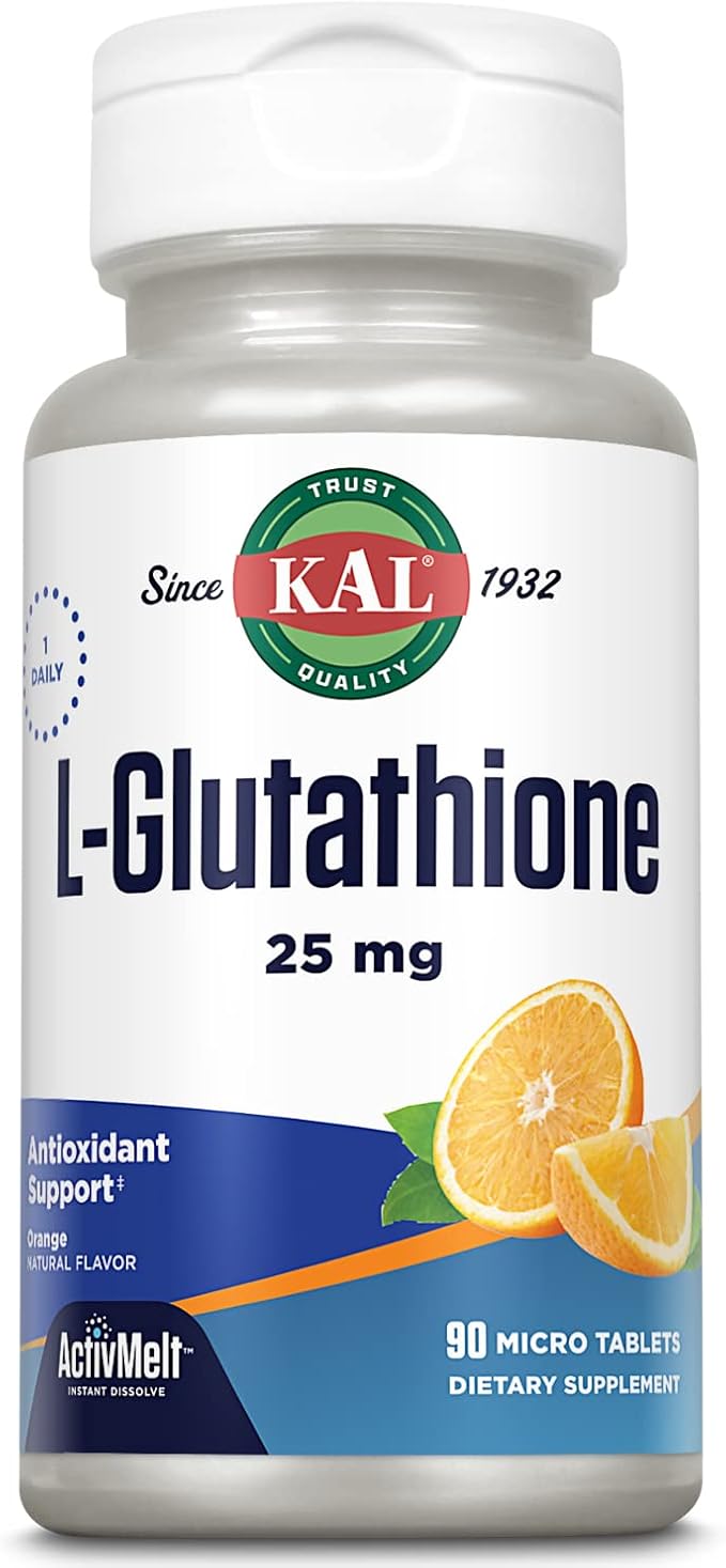 KAL L-Glutathione, Reduced Glutathione Supplement, High Absorption Antioxidant, Orange Flavor Instant Dissolve ActivMelt, Vegetarian, Lab Verified, 90 Servings, 90 Micro Tablets