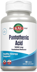 KAL Pantothenic Acid 1000mg Supplement for Men & Women - Vitamin B5 1000 mg, Supports Cellular Energy Metabolism, Nerve Function, Sustained Release, Vegan - 100 Tablets
