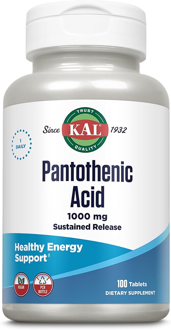 KAL Pantothenic Acid 1000mg Supplement for Men & Women - Vitamin B5 1000 mg, Supports Cellular Energy Metabolism, Nerve Function, Sustained Release, Vegan - 100 Tablets