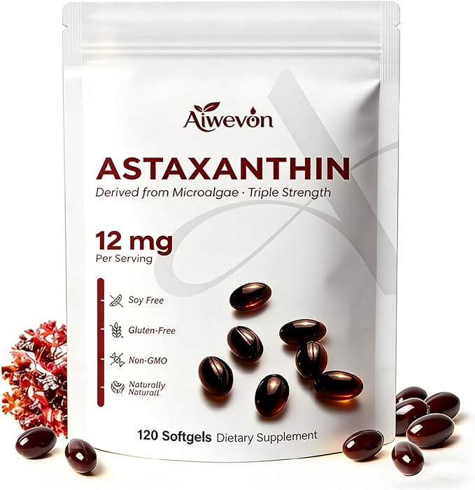 Astaxanthin Supplement 12mg Softgels, Natural Astaxanthin from Microalgae with MCT Oil for Absorption, Powerful Antioxidant Support for Skin Eye Heart Joint Health, Non-GMO Gluten Free, 120 Softgels