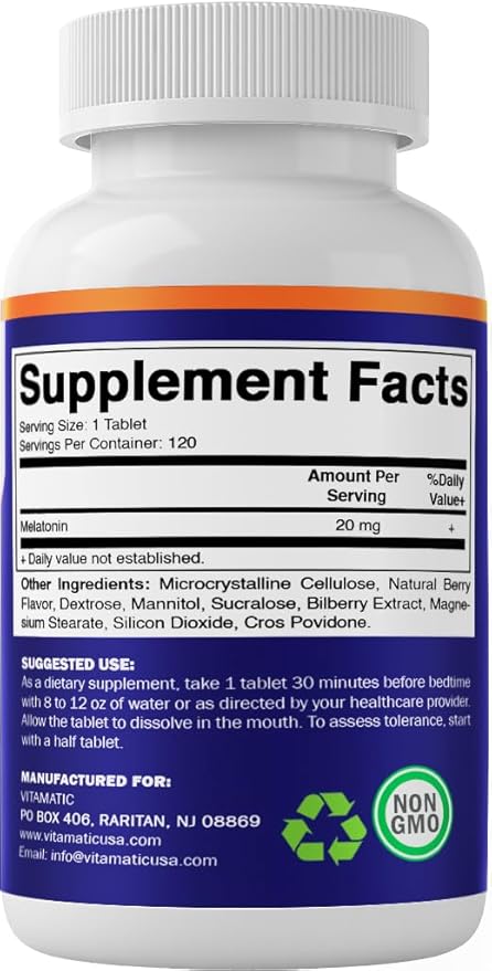 Vitamatic Melatonin 20 mg Tablets | Vegetarian, Non-GMO, Gluten Free | HIGH Potency 20 MG | Natural Berry Flavor (1/2 Tablets = Melatonin 10 mg) (120 Count (12 Pack Wholesale Buy))