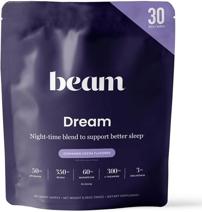 Beam Dream Sleep Powder – Sleep Aid for Adults with Melatonin, Magnesium, L-Theanine, Reishi Mushroom & Apigenin Sleep Supplement, Sleepy Cocoa Bedtime Drink Mix, Cinnamon Cocoa Flavor, 30 Servings