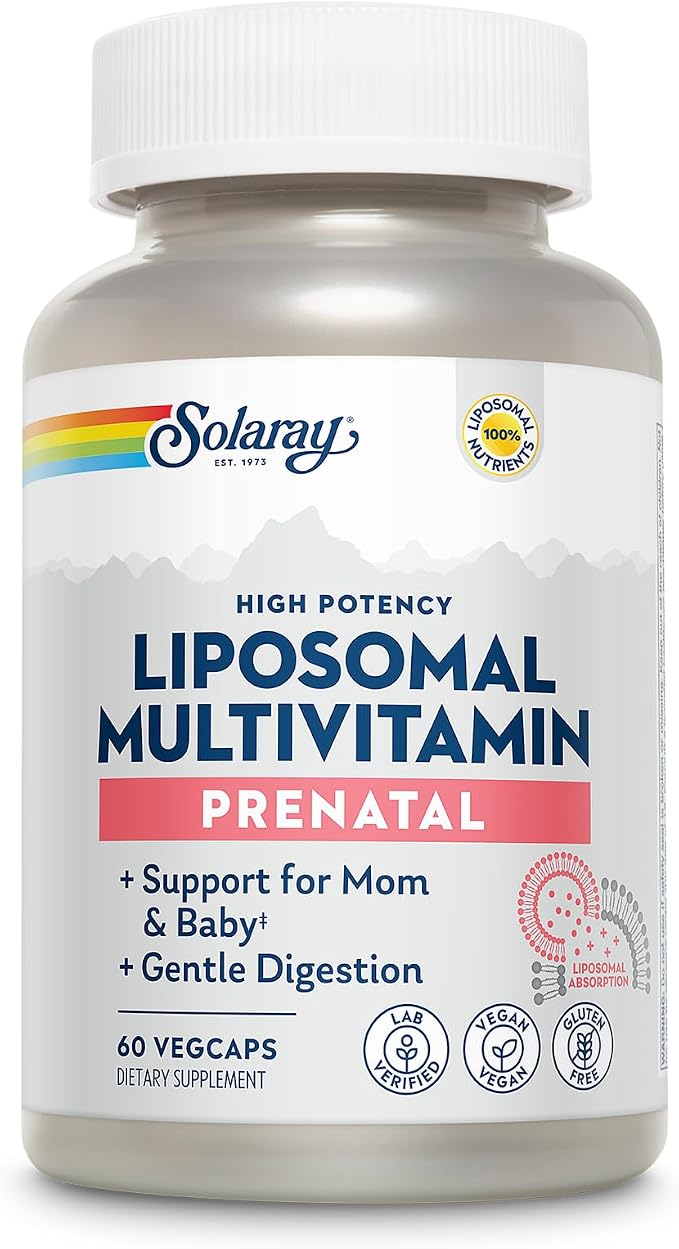 SOLARAY Liposomal Multivitamin Prenatal - Support for Mom & Baby with Prenatal Vitamins for Women, Folic Acid & Iron - High Potency, Gentle Digestion - 60-Day Guarantee - 30 Servings, 60 VegCaps