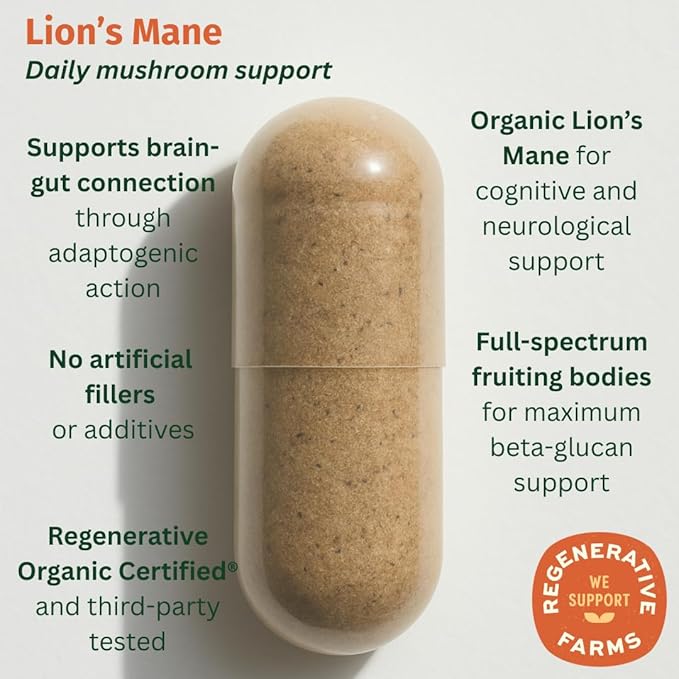 Lion’s Mane – Regenerative Organic Certified Mushroom Capsules for Focus, Memory & Nerve Support – Cognitive Clarity and Natural Energy – 90 Vegan Tablets