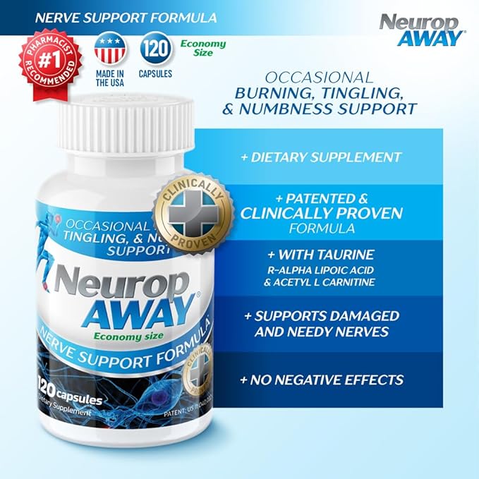 NeuropAWAY Nerve Support Supplement, R-Alpha Lipoic Acid to Help Provide Nerve Relief and Health in as Little as 5 Days, Acetyl-L-Carnitine, Taruine, Vitamin B12, L-Citrulline 120 Capsules