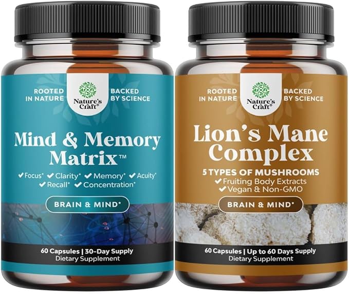 Bundle of Nootropic Brain Supplement for Mental Health & Clarity with VIT A, B6, Riboflavin, Niacin, Thiamin, Folate and Advanced Lion's Mane Mushroom Supplement - Brain Health Memory Support & Focus