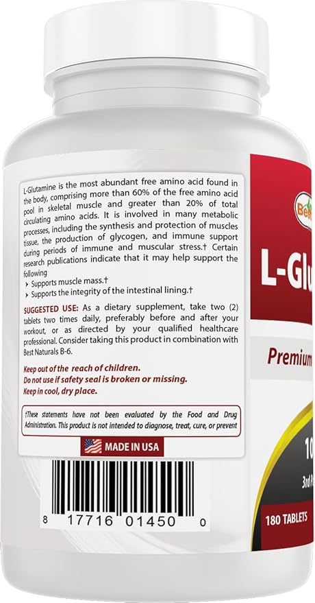 Best Naturals L-Glutamine 1000mg Fuel for Workout (Non-GMO) Tablets, 180 Count