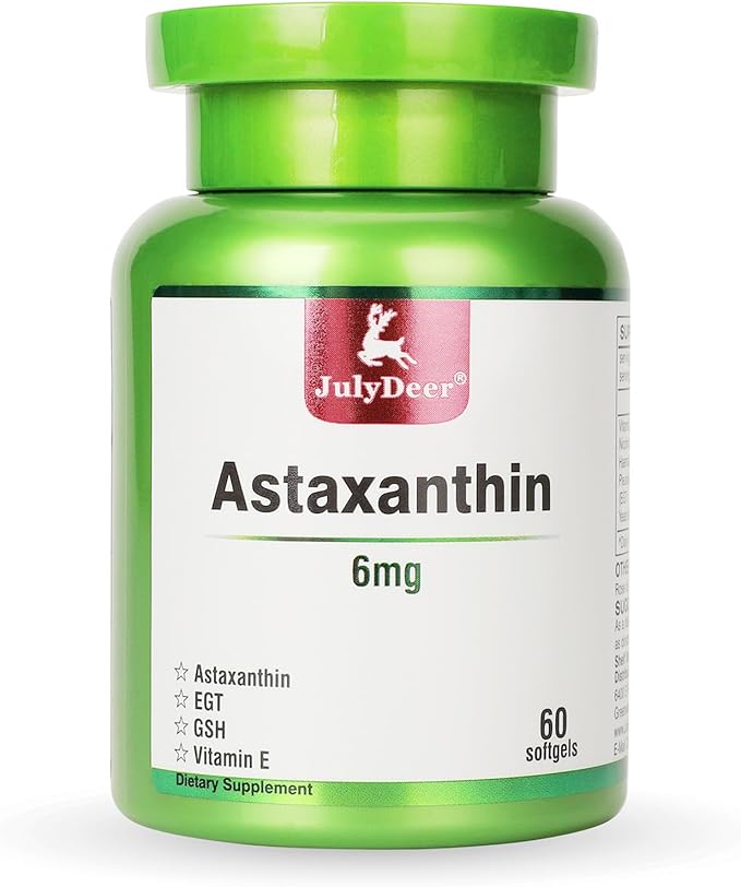 JulyDeer Astaxanthin 6 mg Per Serving, 60 Softgels – Double Strength Microalgae – Natural Haematococcus Pluvialis Source – Antioxidant Supplements for Skin, Eyes, Joints, & Immune Support – Non-GMO