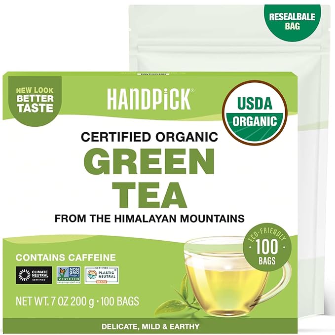 HANDPICK, Organic Green Tea Bags - 100 Eco-Friendly Tea Bags | USDA Organic | Resealable Pack for Freshness | Delicate & Flavory | Direct From India