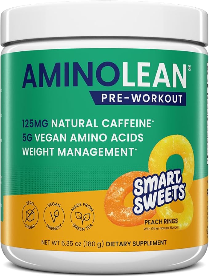 RSP NUTRITION AminoLean x SmartSweets Pre Workout Powder, Amino Energy with Vegan BCAA Amino Acids & Natural Caffeine, Preworkout Boost for Men & Women, Peach Rings