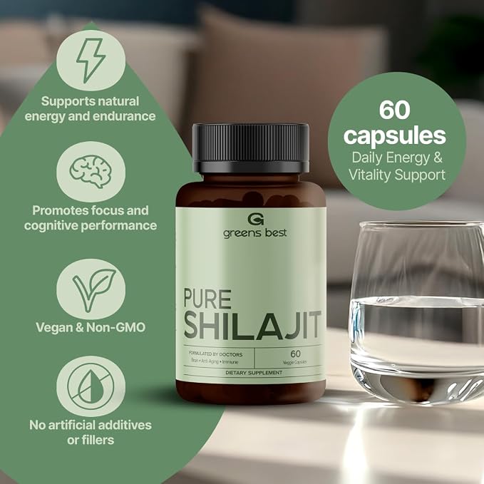 GREEN'S BEST Pure Himalayan Shilajit Capsules – Organic Fulvic Acid Supplement for Energy & Immune Support – Boosts Stamina & Brain Health – Vegan, No Additives