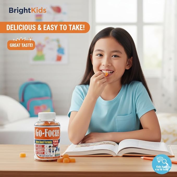 BrightKids Brain Supplements for Memory and Focus, Omega 3 & DHA Focus Gummies for Kids, Memory Booster Focus Supplement for Kids & Teens- Low-Sugar, Natural Fruit Flavor 60 Gummies