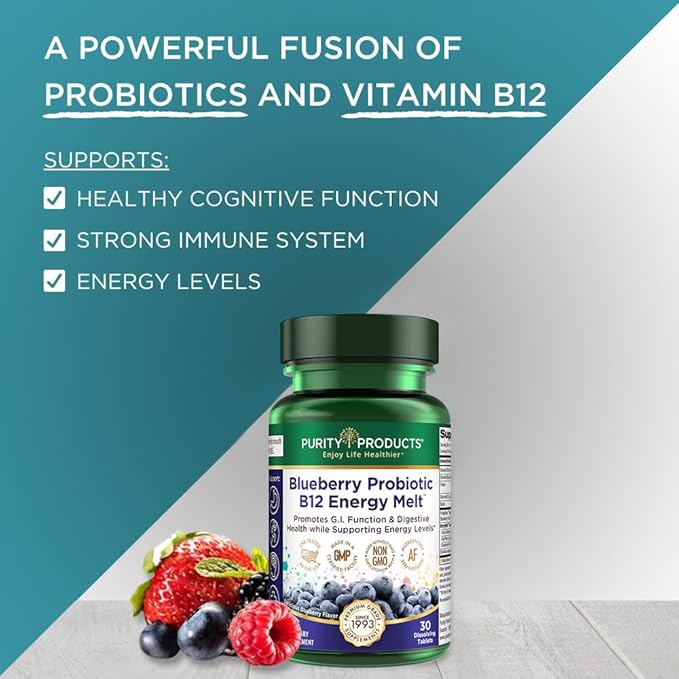 Purity Products Blueberry Probiotic B12 Energy Melt Clinical Probiotic - Organic Blueberries, Methylcobalamin B-12-30 Melts