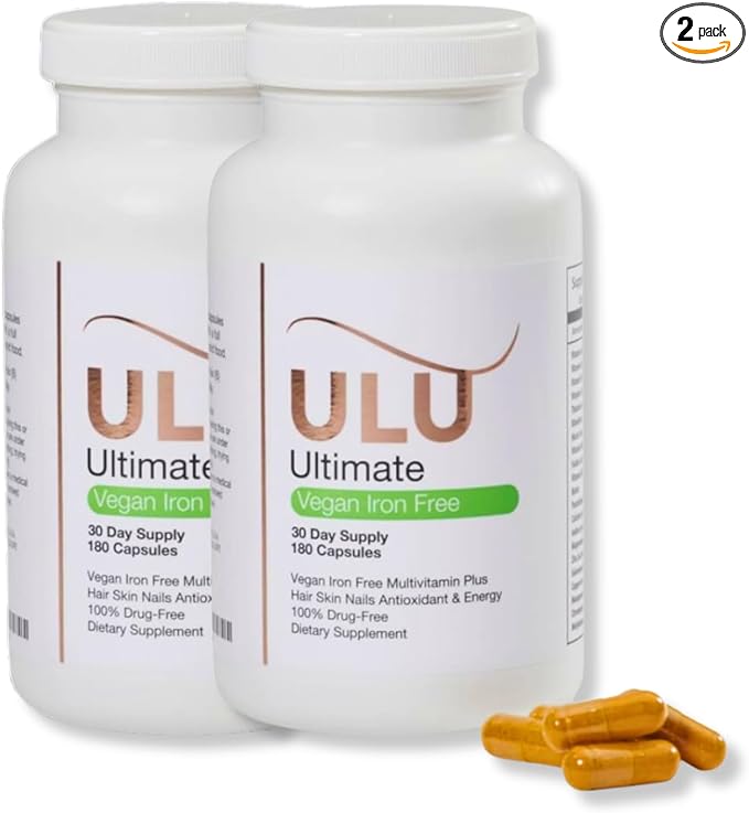 Ultimate Multivitamin: Vegan, Iron Free, Promotes Stronger Hair, Skin, & Nails and Improves Antioxidant & Energy with Better Sleep & Less Stress (Pack of Two - 360 Capsules)