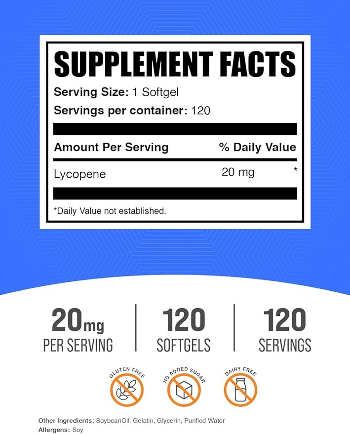 BulkSupplements.com Lycopene Softgels - Lycopene Supplement, Antioxidants Supplement - Gluten Free, 1 Softgel per Serving (20mg), 120 Softgels (Pack of 1)