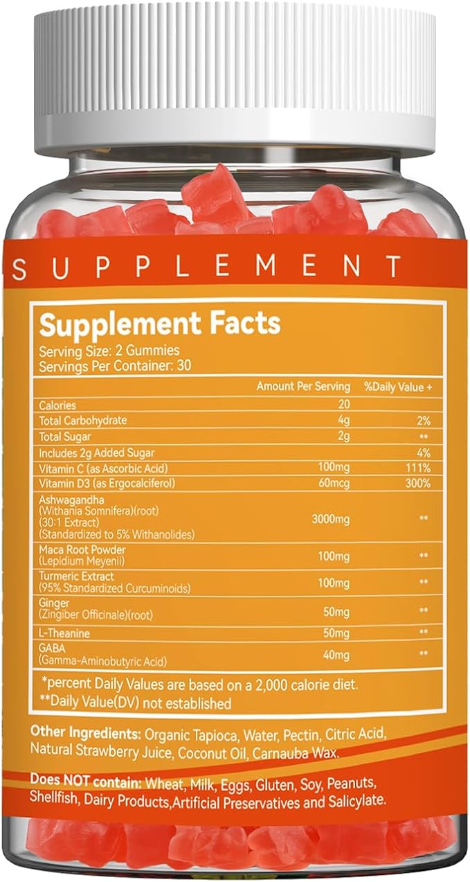 Ashwagandha Gummies & Vitamin D3, 3000mg Extra Strength Ashwagandha Root Extract for Boosts Energy, Immune Support, Non-GMO, Strawberry Flavor, 60 Count