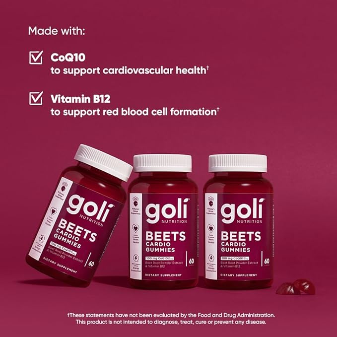 Goli Nutritional Supplement, Beets Cardio Gummy, 180 Count(3 Pack of 60), 100mg CoQ10 & Beet Root Extract - Gluten-Free, Vegan, Non-GMO, and Gelatin-Free. Nature's Great Superfood