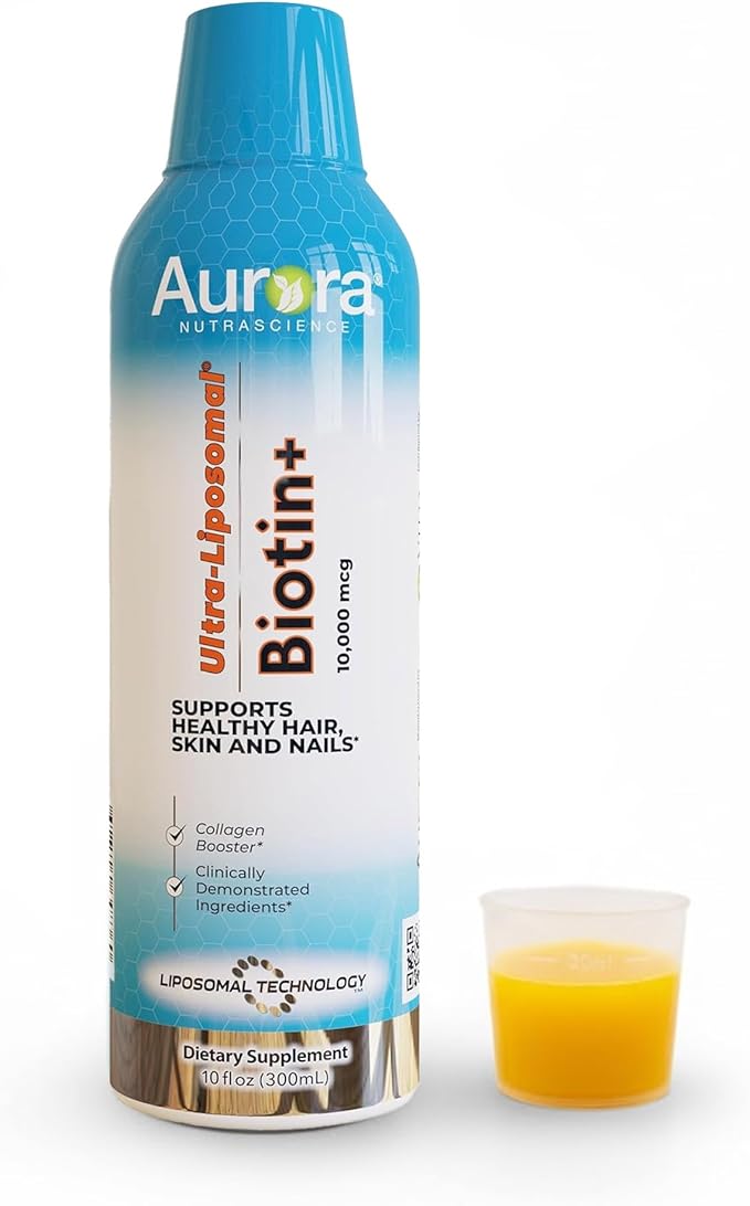 Vida Lifescience Aurora Nutrascience Ultra-Liposomal Biotin 10,000 mcg Collagen Booster Supplement, Supports Healthy Hair, Skin & Nails, Caramel Flavor, 30 Servings, 10 fl oz