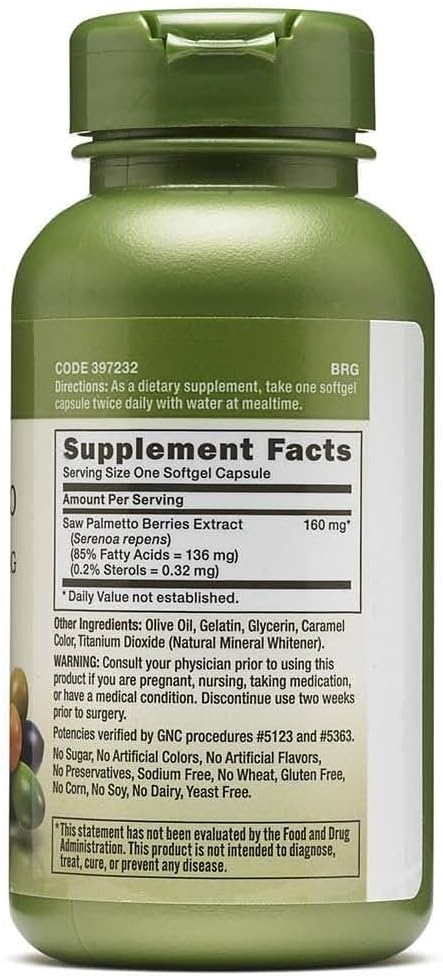 GNC Herbal Saw Palmetto Extract 160mg Supplement, Supports Healthy Prostate Function, 100 Servings
