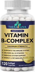 TheraSuva Vitamin B-Complex + CoQ10 + Vitamin C - Max Strength Supplement for Energy, Metabolism Support, 2 Month Supply, 120 Softgels