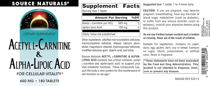 Source Naturals Acetyl L-Carnitine & Alpha-Lipoic Acid 650mg - 180 Tablets