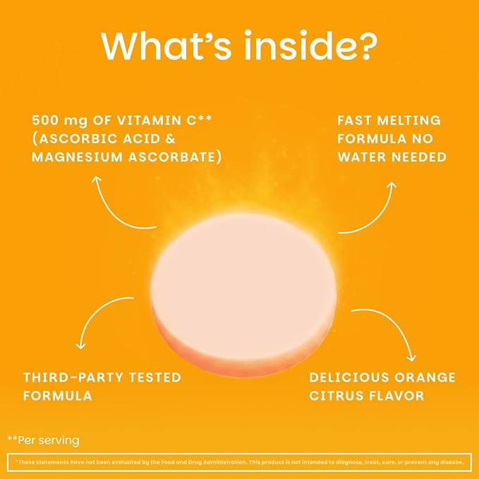 EZ Melts Vitamin C - Daily Vitamin for Antioxidant & Immune Support - No Artificial Flavors - Non-GMO & Sugar-Free - Orange Citrus - 120 Dissolvable Tablets (60 Servings)