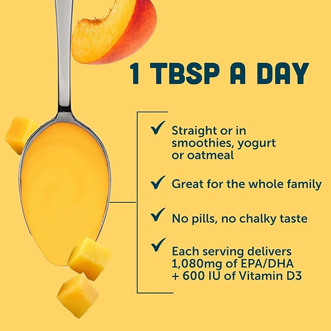 Barlean's Omega 3 Fish Oil Liquid Supplement with Vitamin D for Men and Women, 1080mg of EPA and DHA Fatty Acid, Promotes Brain & Heart Health - Non-GMO, Mango Peach, 16 oz