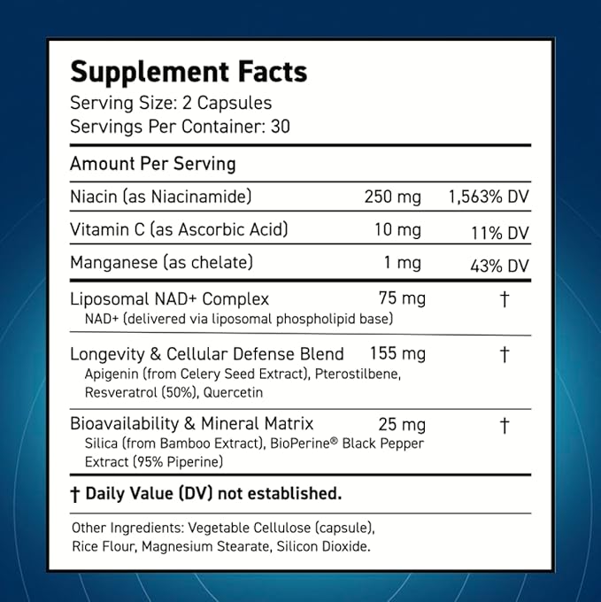 NAD+ Supplement - NMN Alternative with Liposomal NAD+, Trans Resveratrol, Manganese, Apigenin Plus Pterostilbene for Women and Men, Anti Aging Support