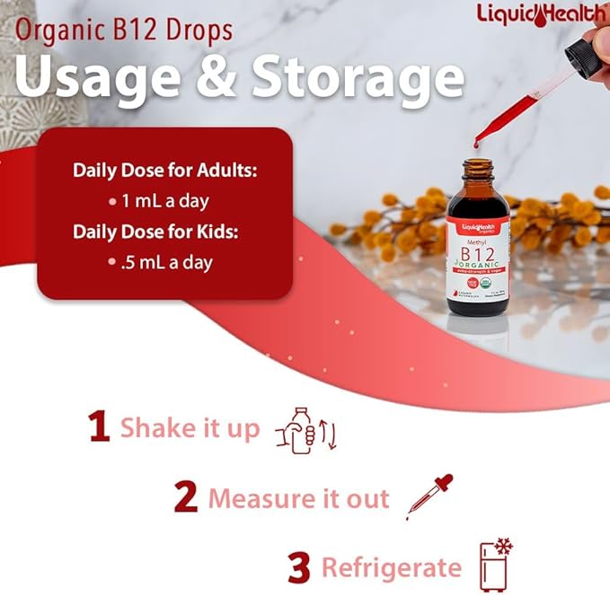 LIQUIDHEALTH USDA Organic Methyl Vitamin B12 Methylcobalamin Liquid Drops with Tart Cherry Juice - Boost Energy, Immune Support, Improve Memory & Concentration - USA Made, Vegan, Non-GMO (2 oz)
