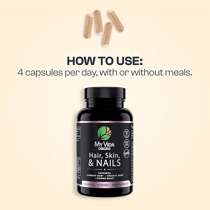 My Vida Origins Hair Skin and Nails | Thicker Hair, Stronger Nails, Vibrant Skin | Supports Natural Beauty | Zinc, Biotin, Vitamin E | Vegan 120 Capsules 1 Month Supply