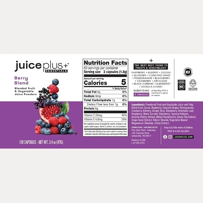 JuicePlus+ Fruit, Vegetable & Berry Blend: Nutrient-Packed Ingredients For Heart Health, Immune Function, Cognitive Performance, & Radiant Skin - Prepacked 3 bottles (60 servings of Fruit, Veg, Berry)