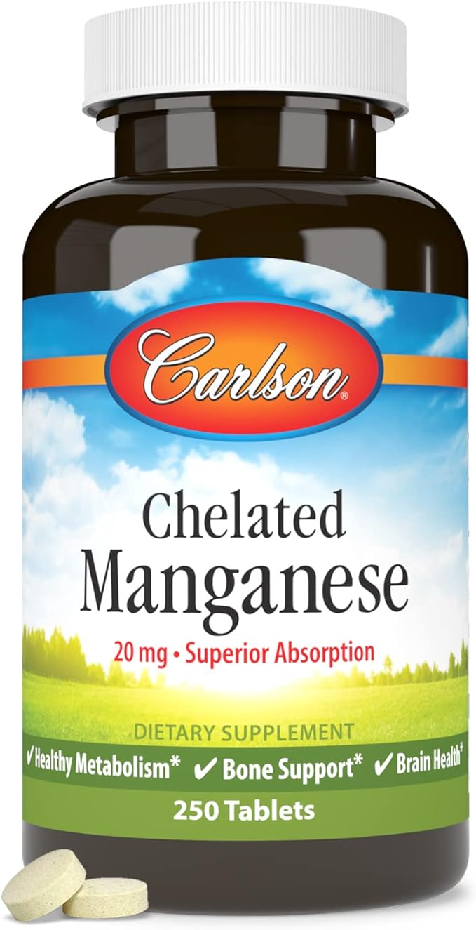 Carlson - Chelated Manganese, 20 mg - Superior Absorption, Healthy Metabolism, Bone Support & Brain Health, 250 Tablets