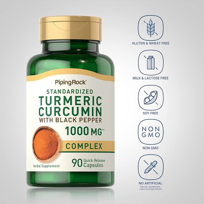 Piping Rock Turmeric Curcumin with Black Pepper | 90 Capsules | Herbal Complex Supplement with Bioperine Extract | Non-GMO, Gluten Free