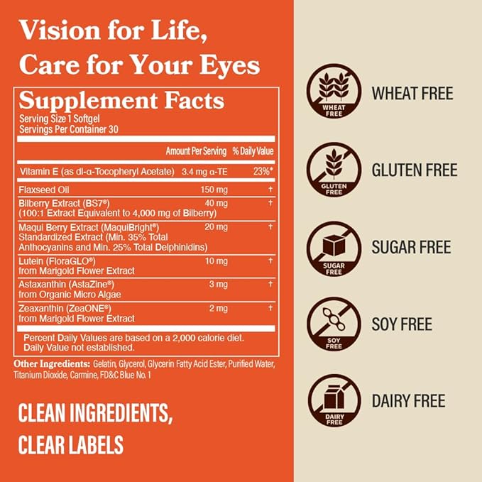 DAIKEN Lutein and Zeaxanthin Supplements, AREDS 2 Inspired Formula with Astaxanthin, Maqui Berry, Bilberry, Flaxseed Oil & Vitamin E, 30 Softgels (Pack of 2)