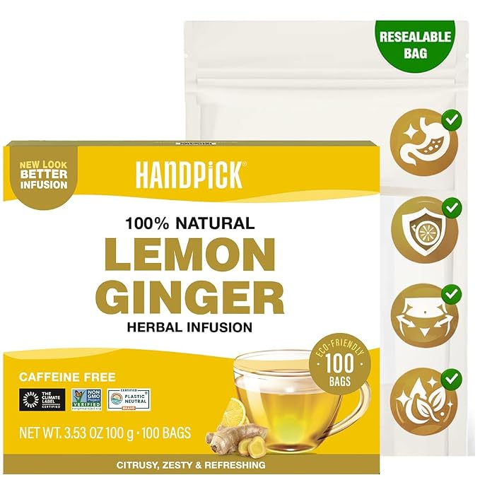 HANDPICK, Lemon Ginger Herbal Tea - 100 Pyramid Tea Bags | 100% Natural Ingredients, Tasty & Citrusy Hand-made Blend of Lemon & Ginger | Caffeine Free, Gluten Free | No Artificial Ingredients