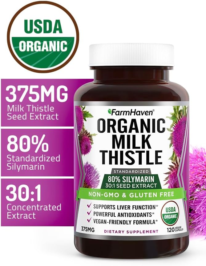 FarmHaven USDA Organic Milk Thistle Capsules | 30X Concentrated Seed Extract & 80% Silymarin Standardized - Supports Liver Function and Overall Health | Non-GMO | 120 Vegan Capsules