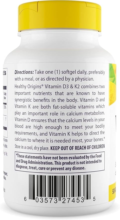 Healthy Origins Vitamin D3 2,000 IU (50 mcg) & K2 200 mcg (Non-GMO, 3rd Party Tested, Bone Support, Cardiovacsular Support), 180 Softgels