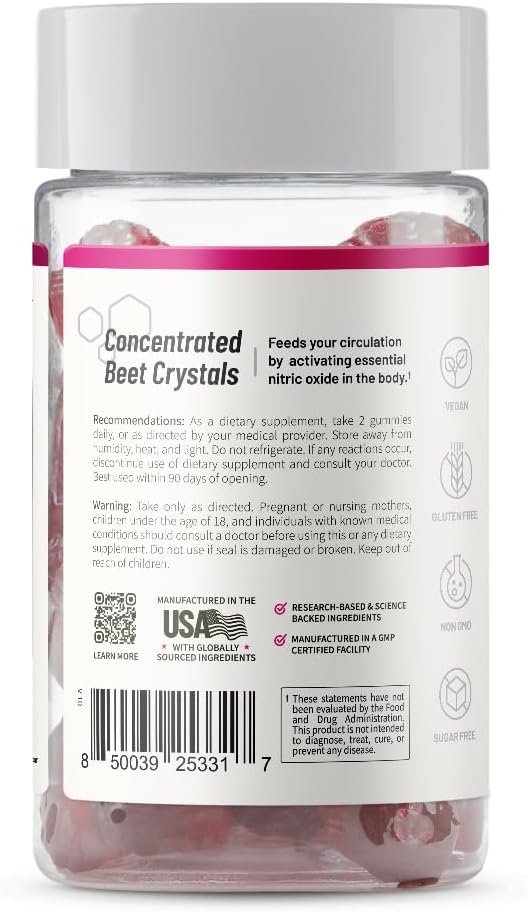 Snap Supplements Nitric Oxide Gummies - Beet Root Extract 300mg, Sugar Free Beetroot Supplement with Pomegranate Powder for Circulation & Natural Energy, 60 Vegan Gummies (3-Pack), Cherry Flavor