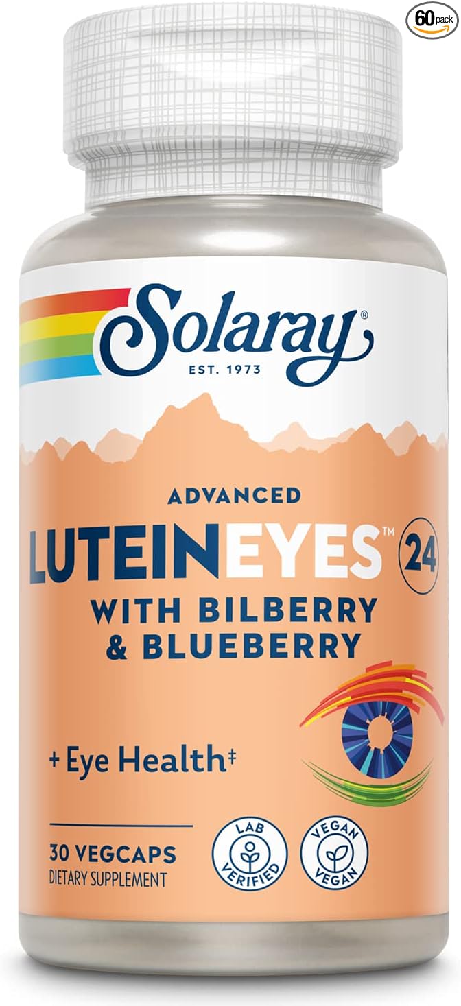 SOLARAY Advanced Lutein Eyes 24mg with Bilberry Extract and Blueberry Extract, Eye & Macular Health Support Supplement Supplying Zeaxanthin from Marigold, Vegan, 30 Servings, 30 VegCaps