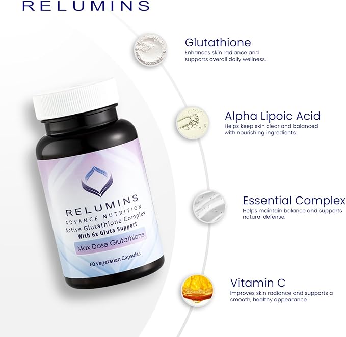 Relumins Advance White Active Glutathione Complex - Max Dose 900mg Glutathione with 6X Boosters, ALA & NAC - Spring Glow Essentials Anti-Aging Skin Brightening Supplement - 60 Caps x 3 Bottles