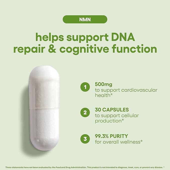 NMN 500mg Capsules 99.3% Purity | Nicotinamide Mononucleotide 30 Servings | Supports DNA Repair & Cognitive Function | Vegetarian Friendly Gluten Free Non-GMO 3rd Party Tested (30 Capsules, NMN)