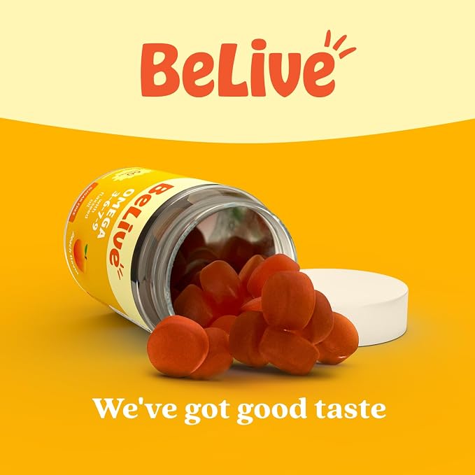 BeLive Organic Omega 3 Gummies - 180 Ct I Vegan Omegas 3 6 7 & 9 from Flaxseed Oil & Sea Buckthorn Fruit Oil, for Kids & Adults, Full Body, Brain & Eye Support, Sugar Free – Peach Flavor