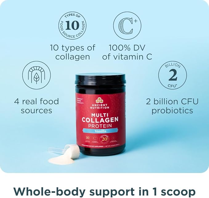 Ancient Nutrition Collagen Peptides Powder, Multi Collagen Protein, Women & Men, Vitamin C, Probiotics, Hydrolyzed Collagen, Supports Skin, Joints, Gut Health, Vanilla, 45 Servings