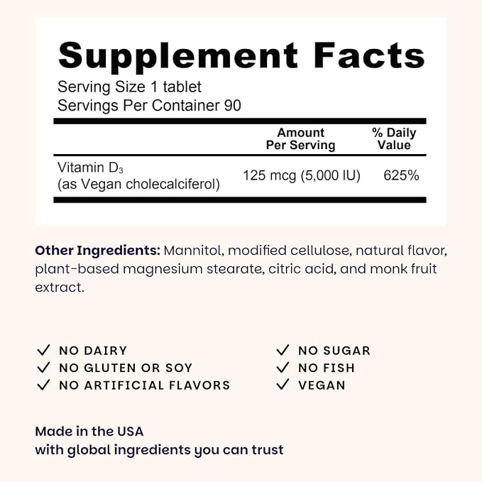 EZ Melts Dissolvable Vitamin D3 5,000 IU - Vegan Vitamin D Supplement for Bone & Teeth Support - No Artificial Flavors - Plant-Based & Non-GMO - Green Apple - 180 Dissolvable Tablets (180 Servings)