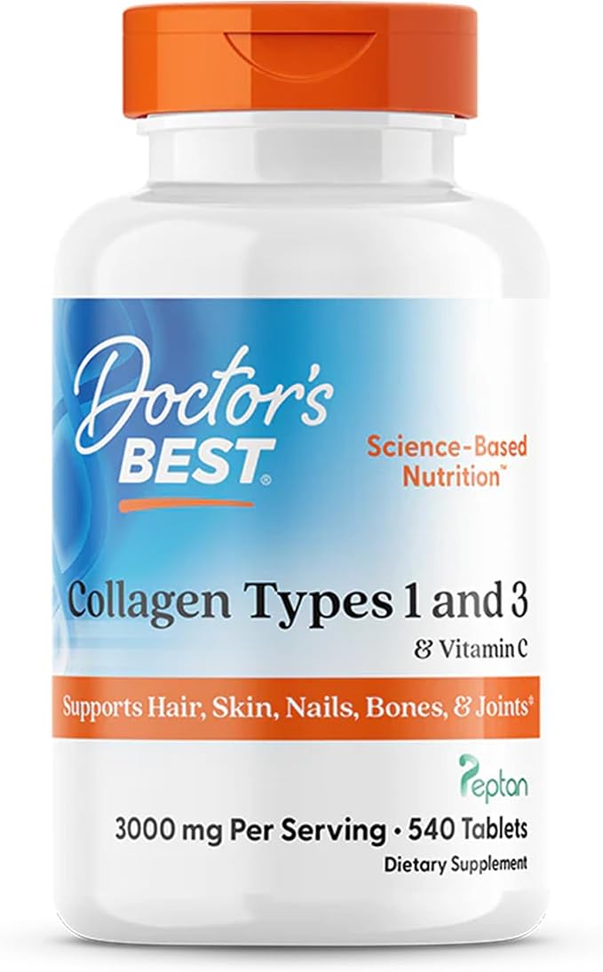 Doctor's Best Collagen Peptides Types 1 and 3 - Collagen Supplement for Women & Men, 30mg Vitamin C & 3g Protein per 3-Tablet Serving, Supports Hair, Skin, Nails, & Bones, Non GMO- 540 Tablets